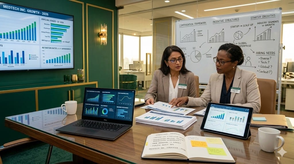 HR executives reviewing compensation benchmarks and retention strategy charts during a leadership compensation planning meeting.