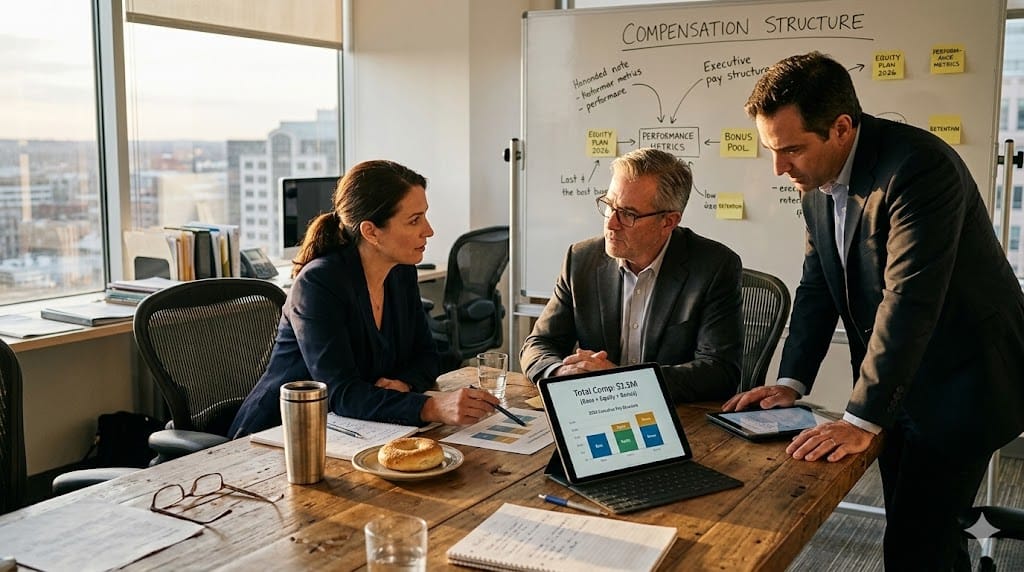 A realistic, eye-level shot of a modern, sunlit executive office where a diverse group of three professionals (two men, one woman) are gathered around a large wooden desk, reviewing a document titled "2026 Executive Compensation: Base, Bonus, and Equity." The scene includes a tablet displaying "Total Comp: $2.5M (Base + Equity + Bonus)" and a printed "2026 Executive Pay Structure" chart. The lighting is natural, with warm late-afternoon light highlighting the texture of the paper and the focused expressions of the team. The palette should be warm and professional: muted browns, soft blues, and warm wood tones.