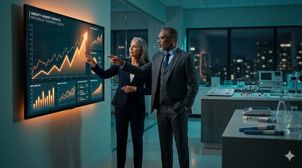 Executive compensation strategy for obesity drug market growth with healthcare analytics, weight loss therapy concept, and business performance charts