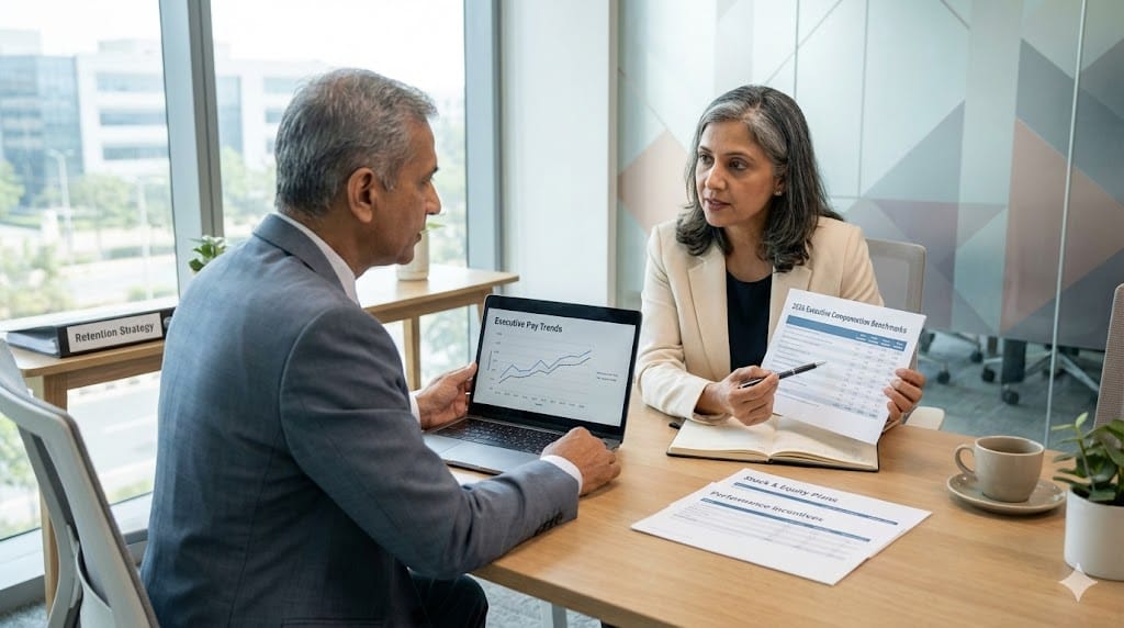 Medical device executives reviewing compensation and performance trend reports in a modern office, highlighting strategy, pay benchmarking, and executive retention planning.