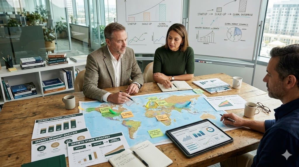 Strategy team reviewing global market expansion plans with maps, regional data charts, and business growth documents spread across a planning table.