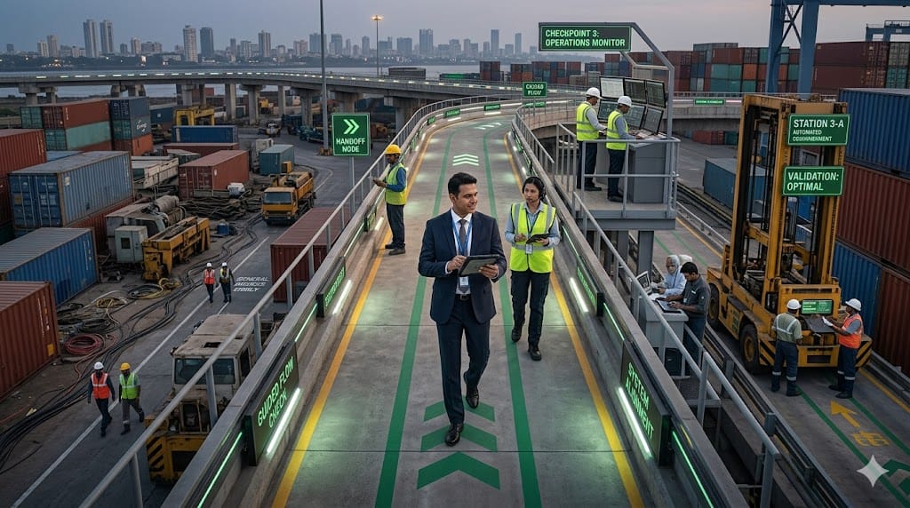 A group of professionals guiding a new executive through structured operational pathways, illustrating onboarding guardrails that prevent early derailment