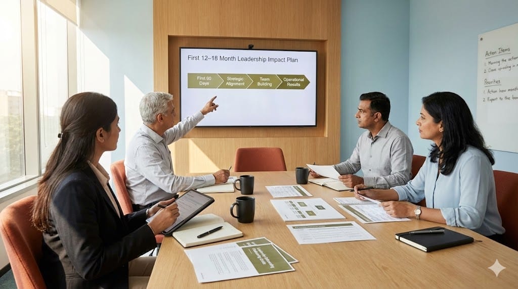 new senior executive participating in an onboarding strategy session with leadership team reviewing a 12–18 month impact roadmap