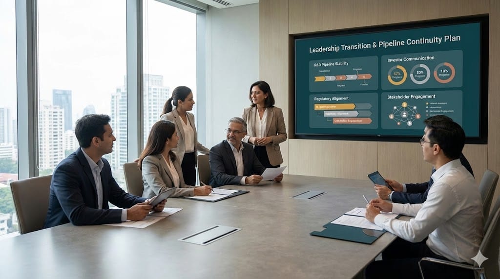 Senior pharmaceutical executives discussing leadership transition strategy to maintain drug development pipeline progress and stakeholder confidence.
