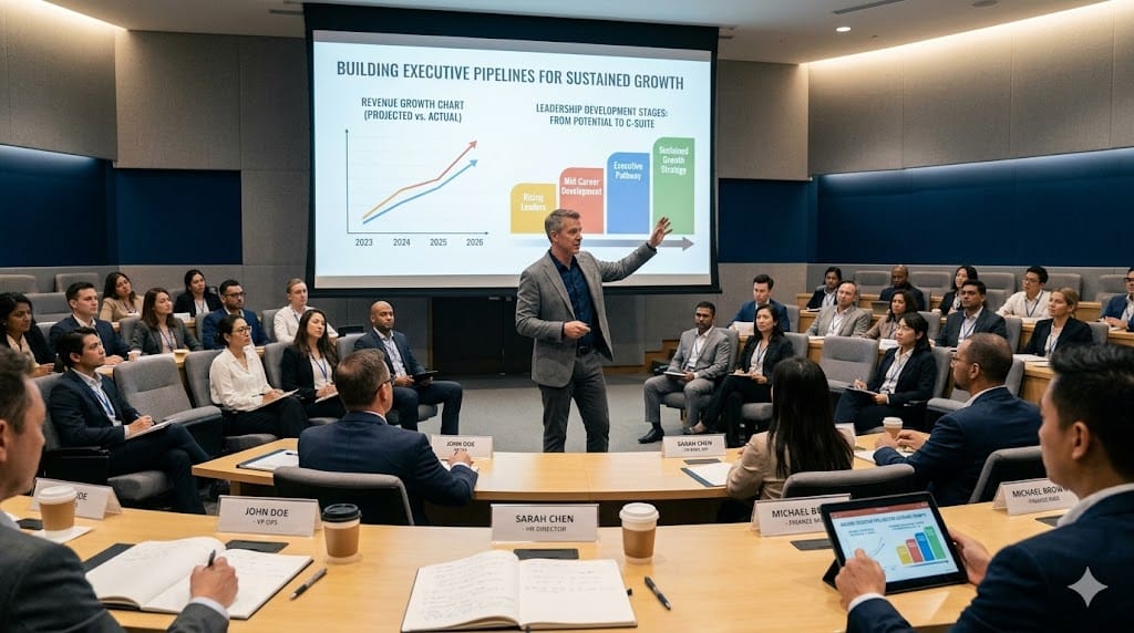 Business leaders attending executive development seminar focused on leadership pipeline and long-term growth