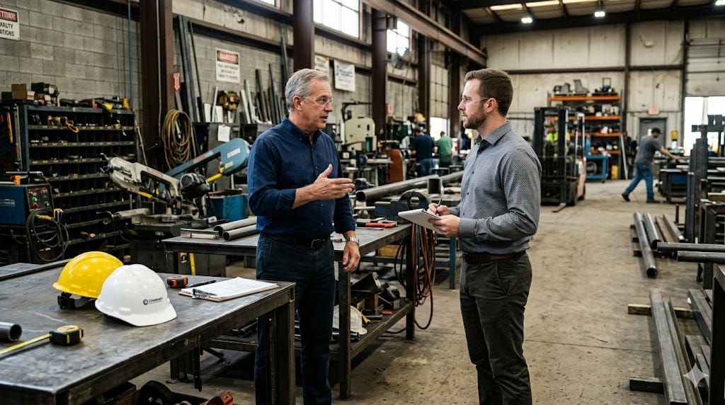 Senior manager interviewing candidate inside industrial workshop with tools and equipment
