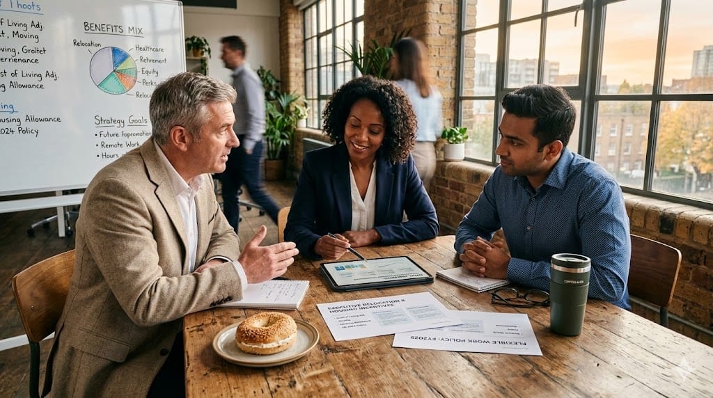 A realistic, eye-level shot of a modern, sunlit open-plan office where a diverse group of executives and HR leaders are gathered around a large wooden table. On the table are documents titled "Relocation Package," "Housing Allowance," and "Flexible Work Options." A tablet displays a "Total Rewards Statement." The lighting is warm and inviting, highlighting the collaborative discussion. The palette uses warm earth tones, soft grays, and a pop of color from a plant, avoiding cold corporate blues.