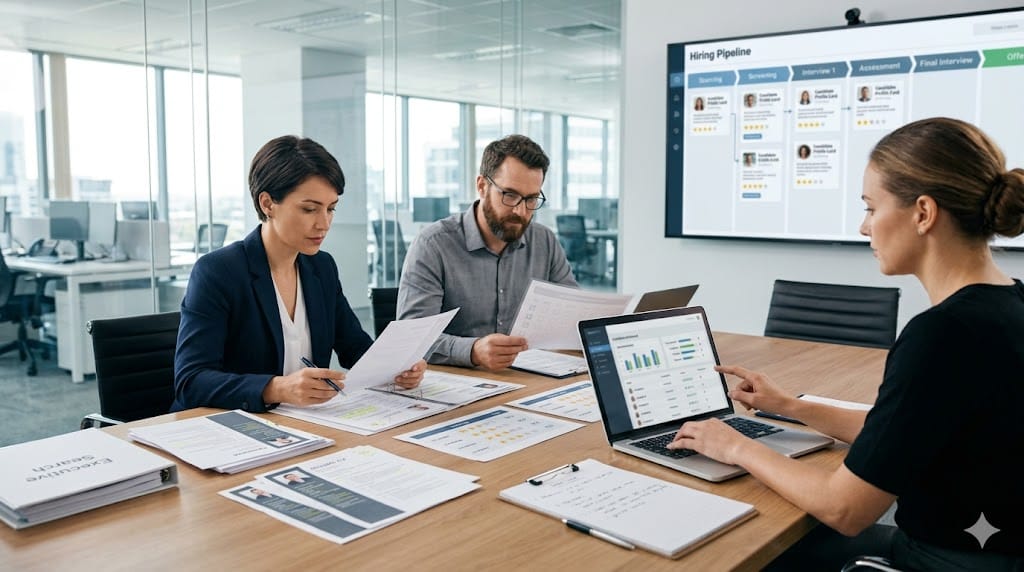 Recruitment team reviewing candidate resumes and evaluation charts during executive search and assessment process in corporate office