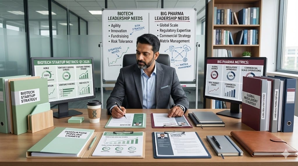 Executive recruiter evaluating biotech startup candidates versus big pharma leadership profiles using comparative hiring data in a modern office