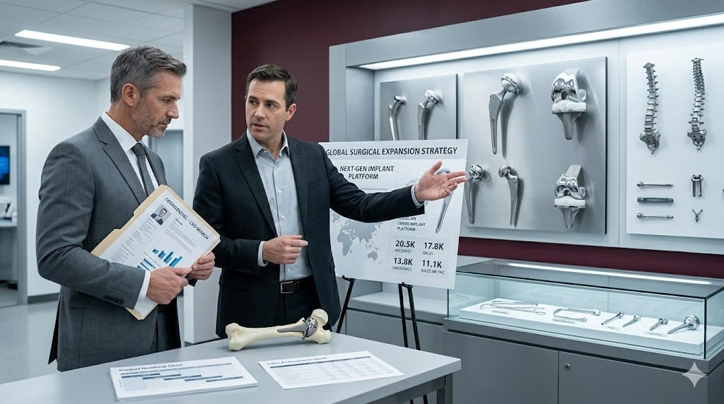 Executive search discussion taking place inside an orthopedic surgical device innovation center with implants and surgical instruments displayed in a professional setting.