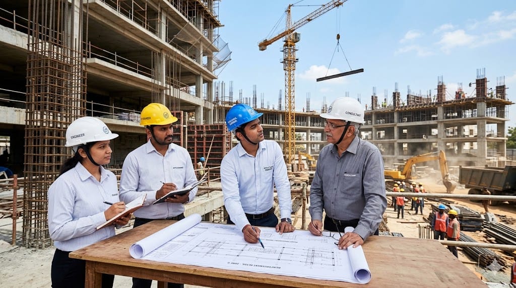 civil engineers and consultants reviewing construction site plans during leadership hiring discussion