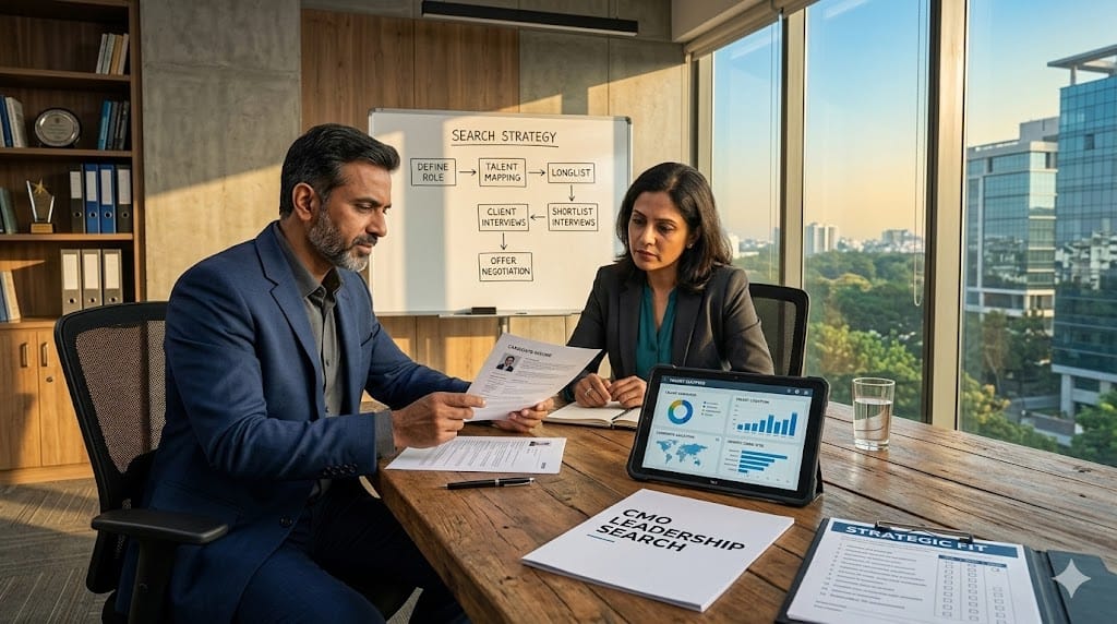 A realistic, eye-level shot of a specialized executive search consultant and a client (a CMO/CDMO executive) reviewing candidate profiles in a modern, sunlit office. On the table are printed candidate resumes, a "CMO Leadership Search" document, and a tablet showing a "Talent Mapping" dashboard. The lighting is warm and natural, highlighting the collaborative and discreet nature of executive search. The palette should be professional and grounded: warm wood tones, soft grays, and muted blues, avoiding cold or overly sterile looks.