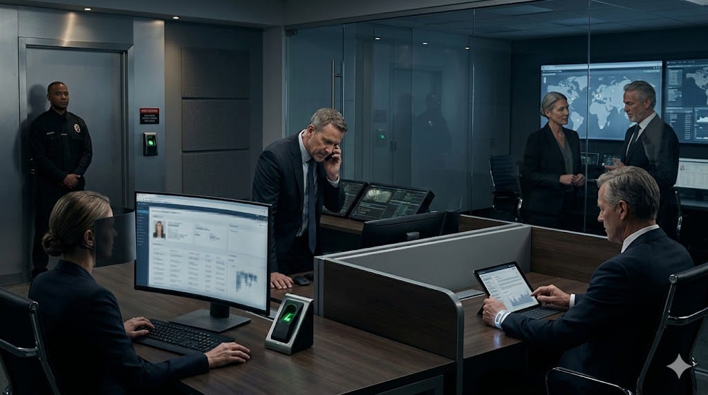 A group of professionals handling sensitive executive search information within a secure, access-controlled environment, illustrating the importance of confidentiality