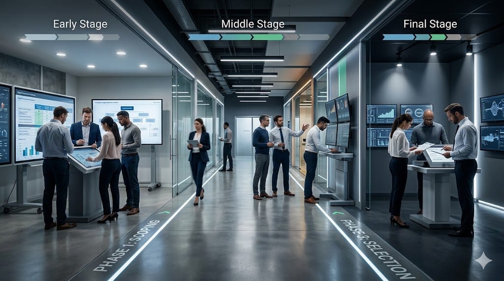 A team progressing through different stages of an executive search process with visible time benchmarks, illustrating expected timelines and pacing