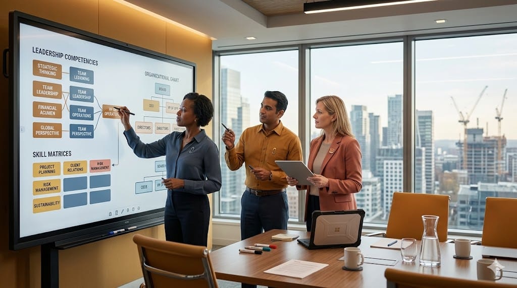 construction executives architecting the ideal leadership profile through strategic discussion in a modern conference room.