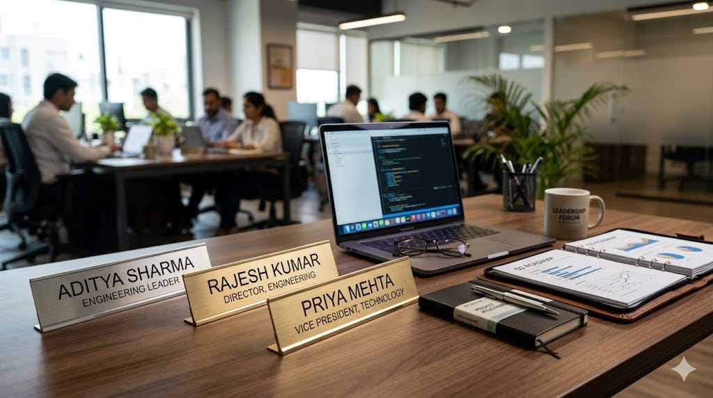 office desk with executive nameplates and job titles representing clarity in technology leadership roles