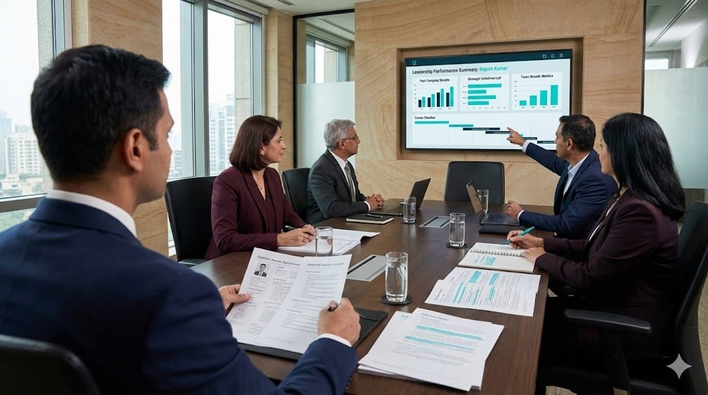 senior executives reviewing candidate leadership achievements and performance records during an executive hiring evaluation meeting