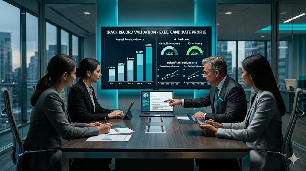 Boardroom evaluation of executive performance with quantified results, growth charts, and candidate track record analysis on screen