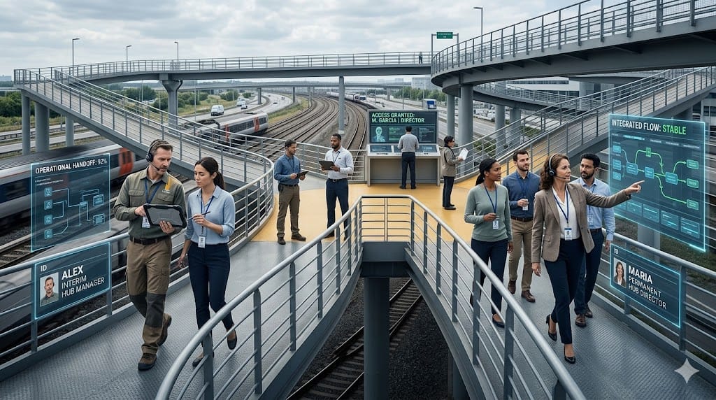 A coordinated team managing a smooth leadership transition with clear handoff stages, illustrating exit ramps and conversion to permanent roles