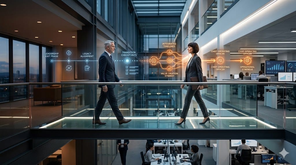 Leadership transition during a private equity platform acquisition showing executives navigating change and continuity