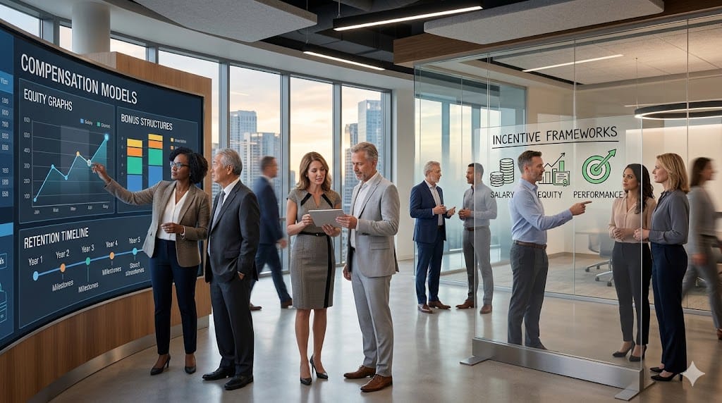 Senior leaders and HR professionals designing executive compensation packages with performance incentives and retention strategies in a modern workspace