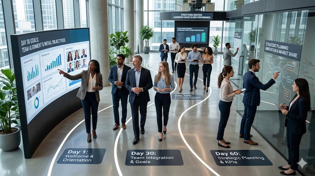 New executive being guided by team members through a structured 100-day onboarding journey with progress milestones in a modern workspace