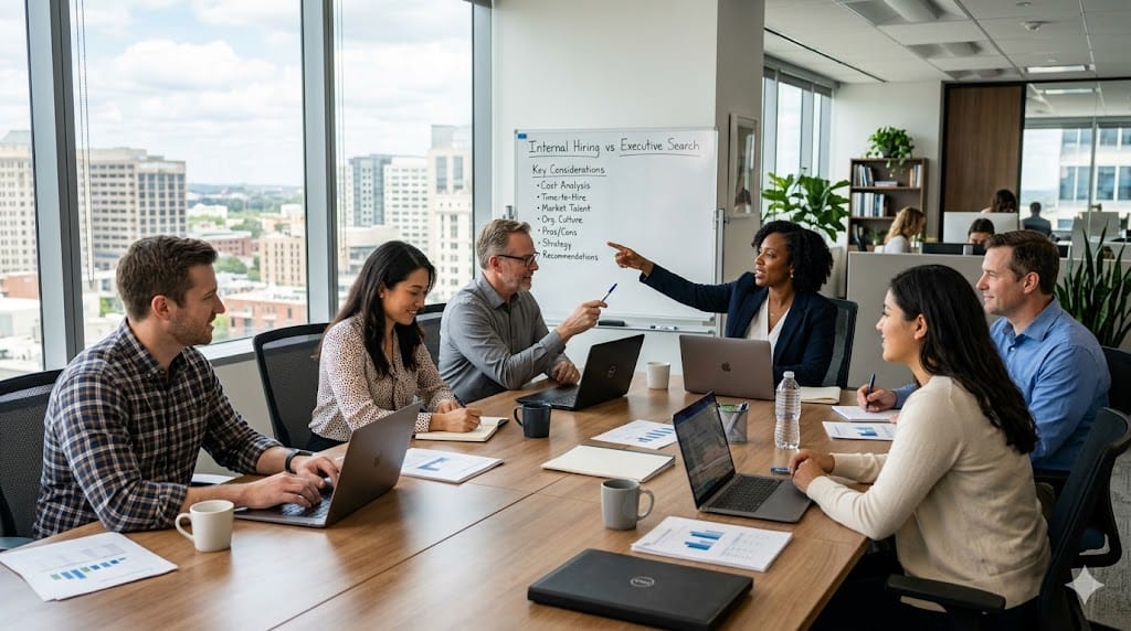 Business team discussing hiring strategies, comparing executive search firms with internal recruitment in a modern office setting