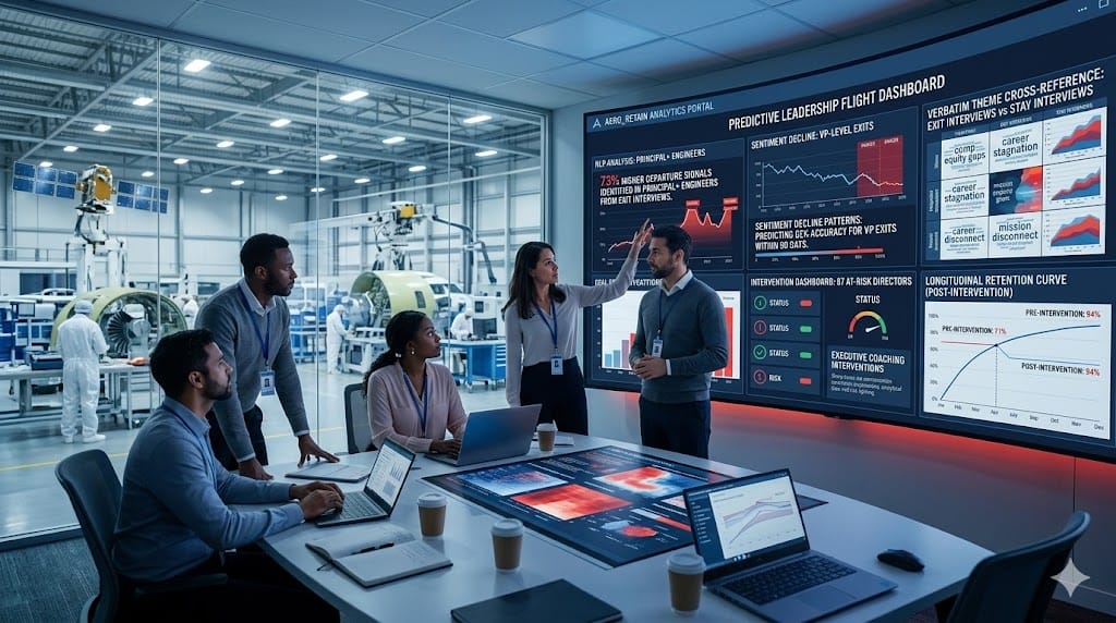 aerospace HR leaders analyzing exit interview data to predict leadership flight risk, mapping sentiment patterns from departing executives to early warning dashboards identifying 87% accuracy in forecasting voluntary turnover among senior engineering VPs