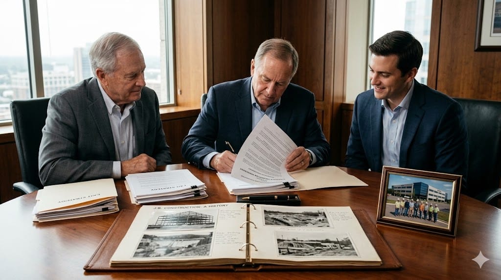 Construction company owners signing transition agreement with family history album on table