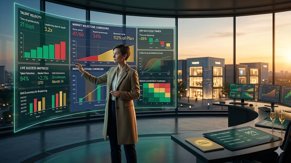global expansion director measuring international success through talent KPIs and market milestones, tracking time-to-productivity and market-share corridors in data-driven command center.
