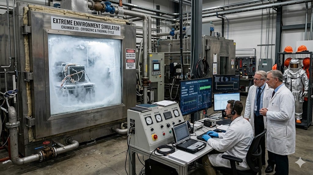 Engineers and research leaders monitoring extreme environment testing inside climate simulation chamber