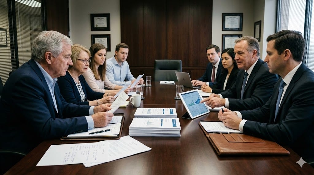 Family business owners and private equity investors discussing strategy during formal meeting
