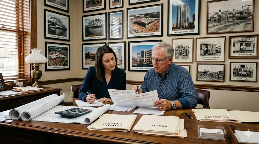 Senior construction company owner discussing succession plans with next generation in office