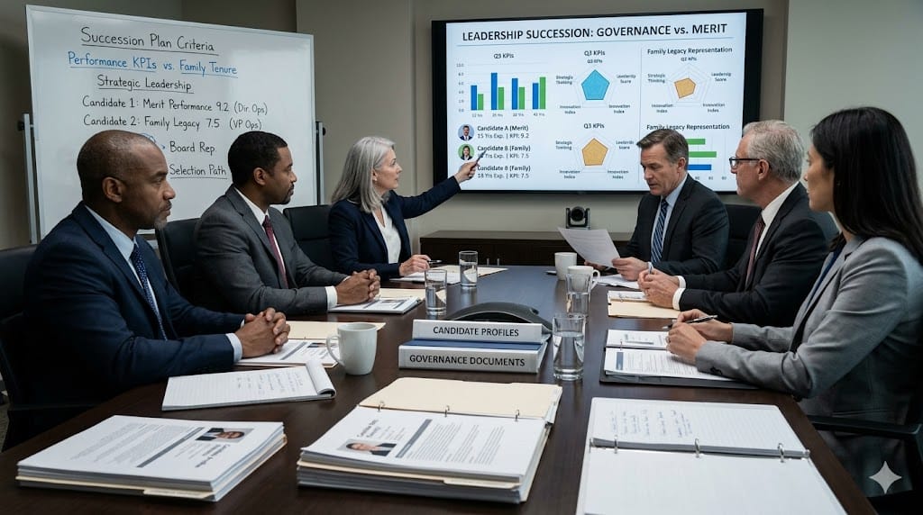 Board members reviewing leadership selection chart during succession planning meeting
