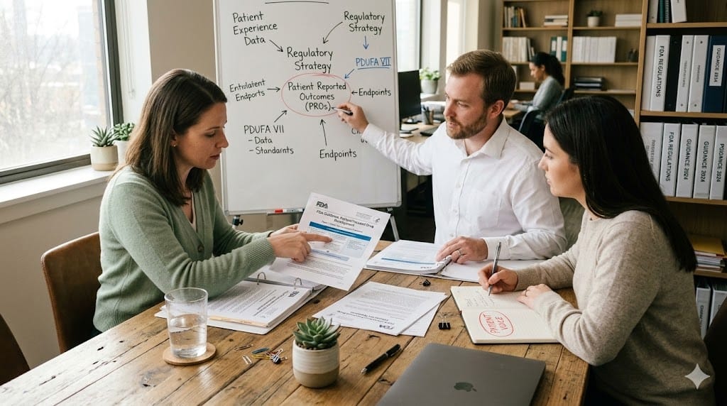 Pharmaceutical compliance team reviewing FDA patient-focused guidelines in a sunlit regulatory affairs office, with printed FDA guidance documents, a whiteboard mapping "Patient Focus 2026" mandates, and a bowl of fruit on the desk, capturing a realistic, collaborative regulatory strategy session.