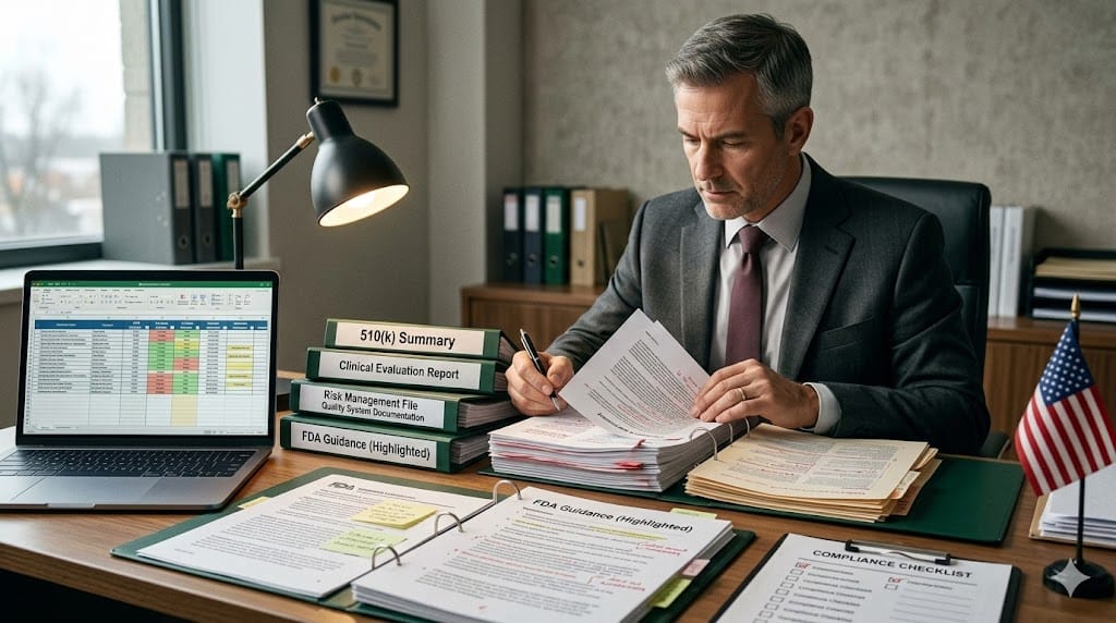 Regulatory affairs executive reviewing FDA submission documents and medical device compliance files in a professional office setting focused on clearance strategy.