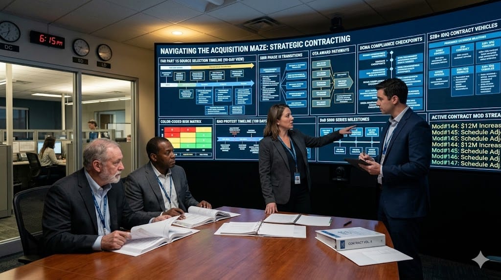 Realistic landscape photo of aerospace executives navigating complex federal acquisition processes, analyzing FAR compliance matrices, contract award timelines, and DoD procurement pathways on secure multi-screen workstations in a high-stakes government contracting war room
