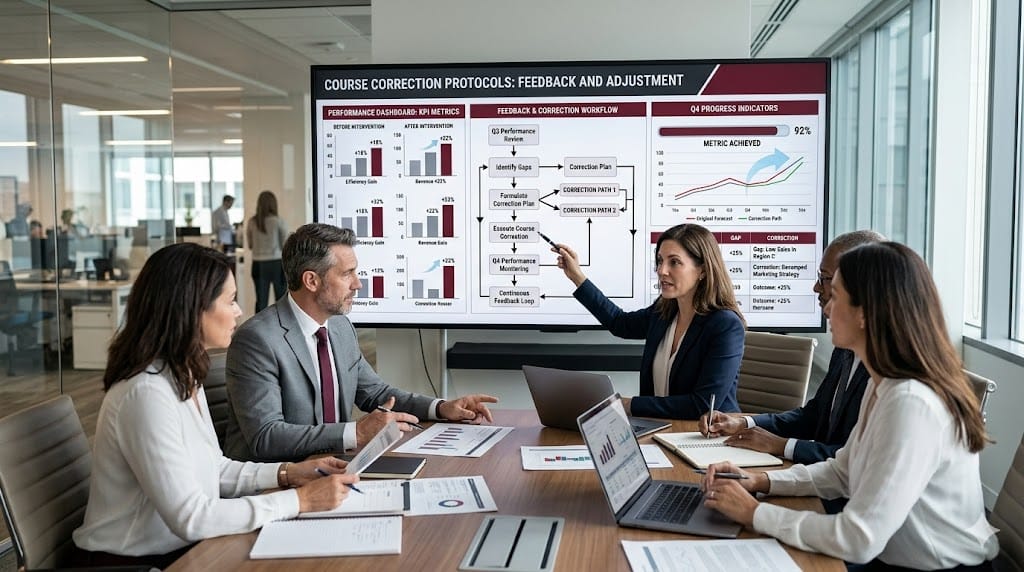 Business team analyzing performance feedback charts and making strategy corrections during corporate review meeting