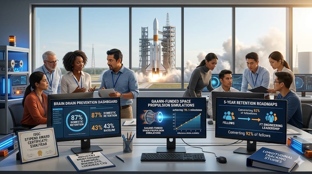 aerospace fellowship programs retaining elite engineering talent, showing PhD fellows collaborating on NASA-aligned space propulsion research, mentorship sessions with industry CTOs, and career retention pipelines preventing brain drain to commercial competitors
