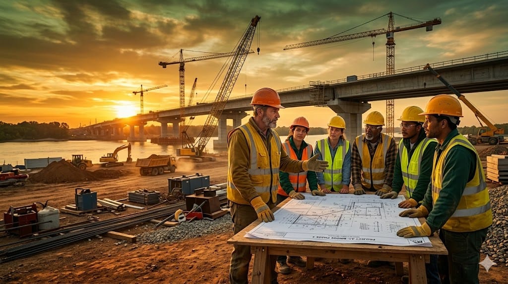 a field leader motivating a high-performance construction team on a heavy civil project site during golden hour.