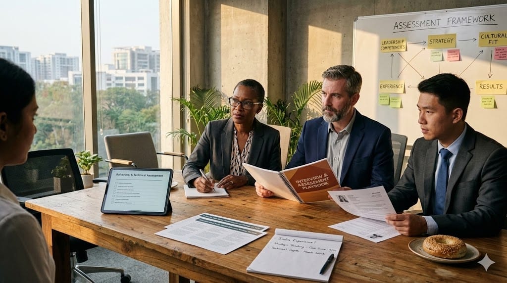 A realistic, eye-level shot of a modern, sunlit conference room where a diverse panel of three interviewers (two men, one woman) sits behind a large wooden table, reviewing a thick "Interview & Assessment Playbook" and a candidate's resume. On the table are printed case study sheets, a tablet displaying "Behavioral & Technical Assessment," and a notepad with handwritten notes. The lighting is natural, with warm late-afternoon light highlighting the texture of the paper and the focused expressions of the panel. The palette should be warm and professional: muted browns, soft blues, and warm wood tones.