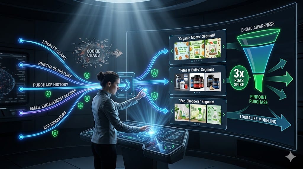 Data strategist harnessing first-party customer insights for precision CPG targeting, with personalized shopper profiles, loyalty program signals, and hyper-targeted campaign dashboards driving conversion lifts.