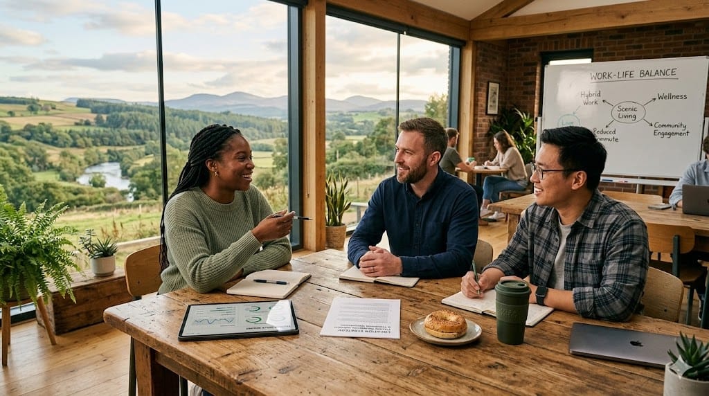 A realistic, eye-level shot of a modern, sunlit co-working space or open-plan office with large windows overlooking a green, non-urban landscape. In the foreground, a diverse group of professionals are collaborating around a large wooden table. Surrounded by documents labeled "Remote-First Policy," "Location Strategy," and "Work-Life Balance," they are engaged in a focused discussion. A tablet displays a "Hybrid Work Model" diagram. The lighting is warm and natural, highlighting the collaborative and balanced atmosphere. The palette uses warm wood tones, soft grays, and a pop of color from a plant, avoiding cold corporate blues.