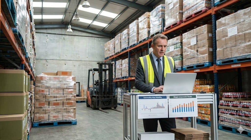 Finance leader reviewing cost volatility reports and inventory data inside a food warehouse, with stacked pallets and fluctuating commodity charts visible on a laptop screen.