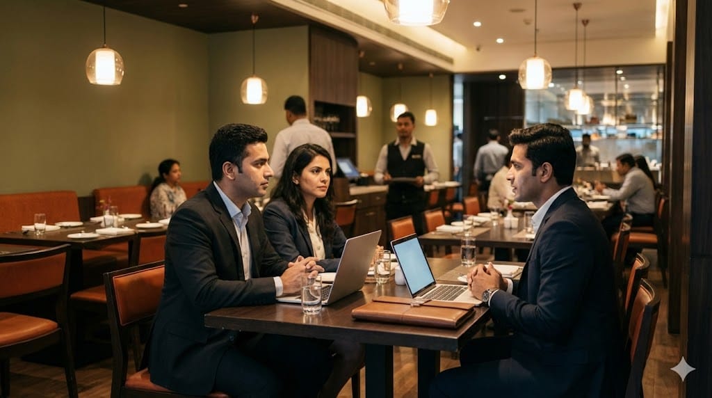 Senior restaurant group leaders interviewing an executive candidate inside a modern upscale restaurant dining space, symbolizing strategic hiring decisions in foodservice organizations.