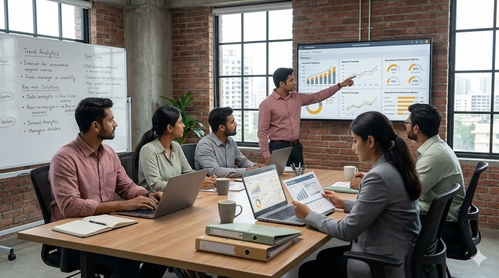 business analysts and executives reviewing forecasting metrics and predictive analytics dashboards during a strategy meeting