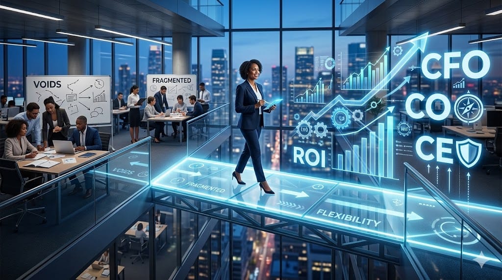 Dynamic landscape illustration of a diverse fractional executive bridging a leadership gap, depicted as a confident professional extending a glowing bridge across a void between struggling teams and growth charts in a modern boardroom, with C-suite icons like strategy gears and part-time clocks