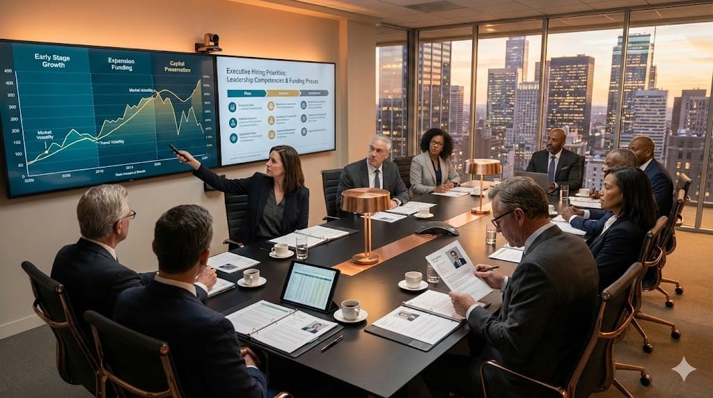 corporate board members reviewing funding cycle charts and risk analysis while deciding executive hiring priorities in a strategy meeting