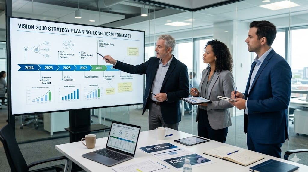 business leaders planning future strategy with timeline and forecasting charts for engineering leadership market