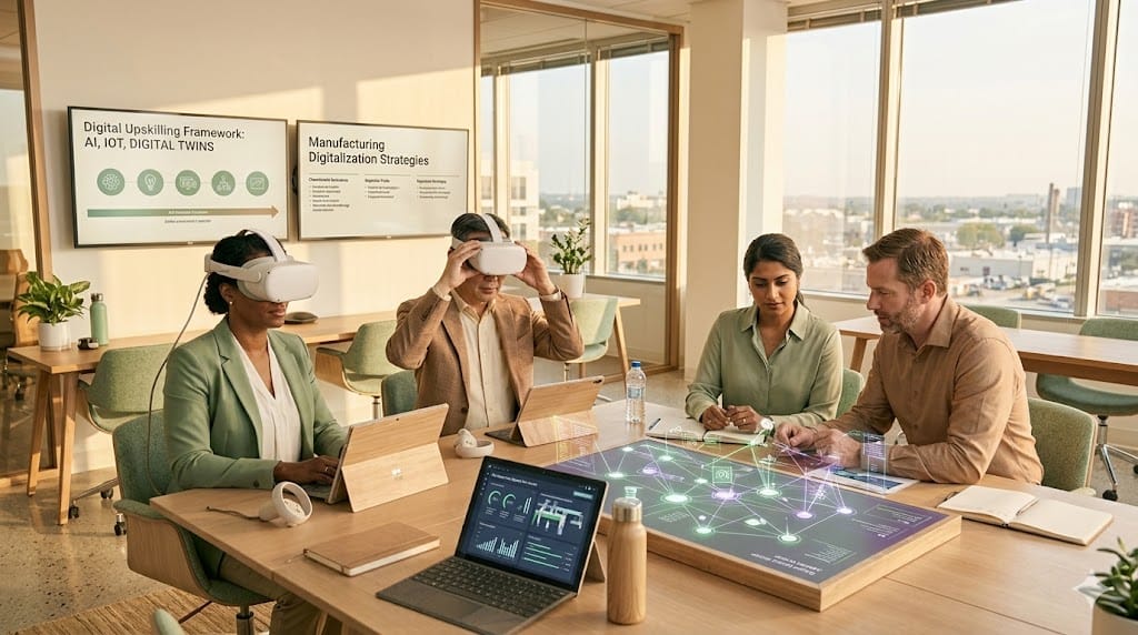 A realistic scene in a modern training room where diverse manufacturing executives engage with VR headsets and tablets displaying digital transformation modules. Large screens show AI analytics dashboards while the group collaborates on Industry 4.0 scenarios. Bright, natural lighting creates an atmosphere of focused learning and adaptation.